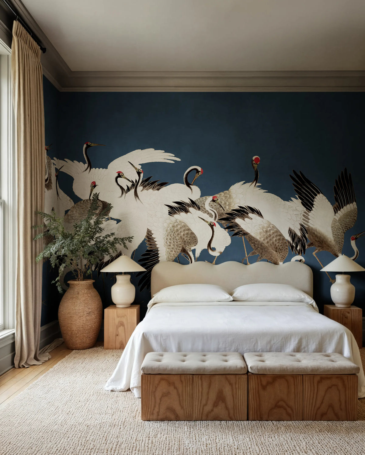 Dancing Cranes, Blue Mural Wallpaper - room preview 02