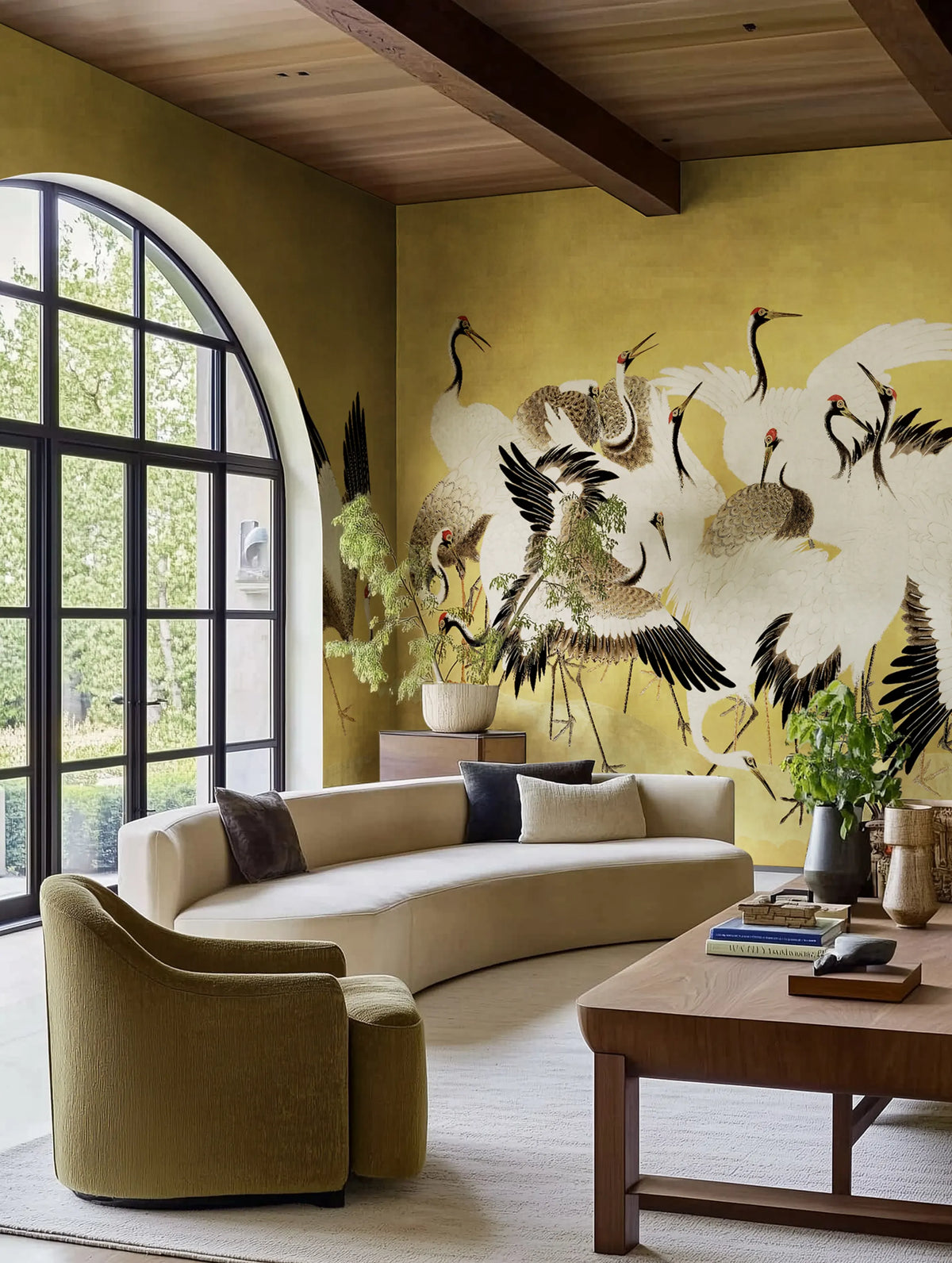 Dancing Cranes, Yellow Mural Wallpaper - room preview 02
