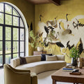 Dancing Cranes, Yellow Mural Wallpaper - room preview 02