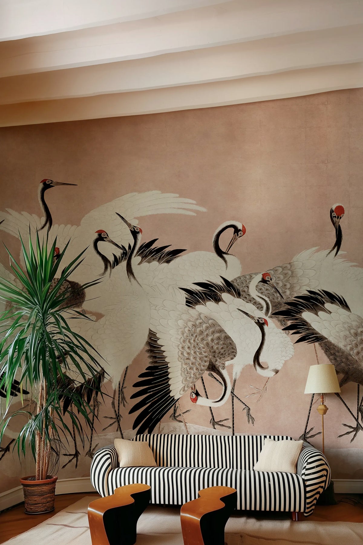 Dancing Cranes, Dusty Pink Mural Wallpaper - room preview 02