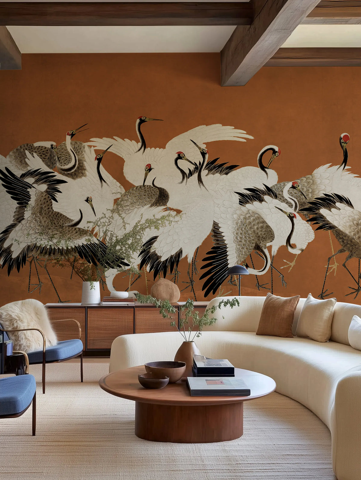 Dancing Cranes, Orange Mural Wallpaper - room preview 02