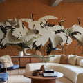 Dancing Cranes, Orange Mural Wallpaper - room preview 02