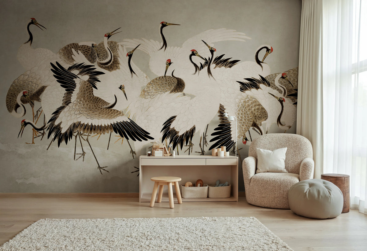 Dancing Cranes, Beige Mural Wallpaper - room preview 02
