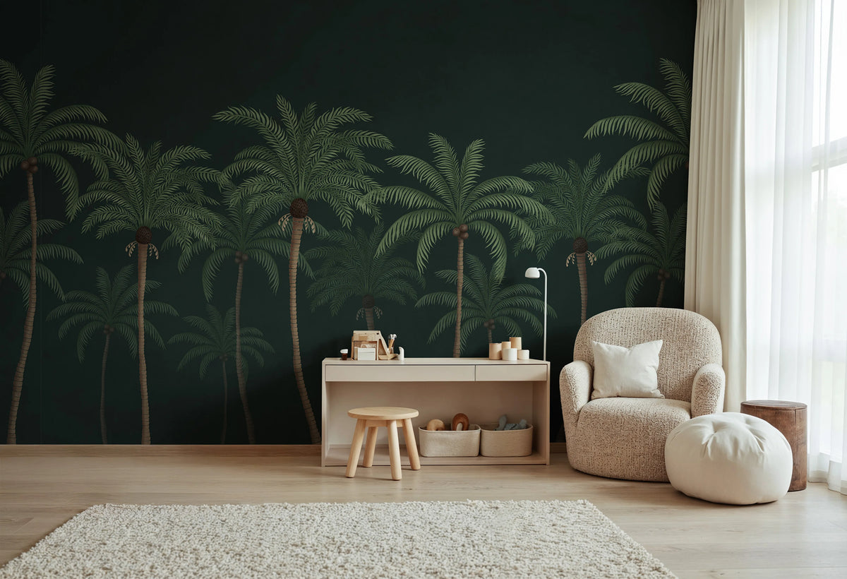 Palm Parade, Black Mural Wallpaper - room preview 02