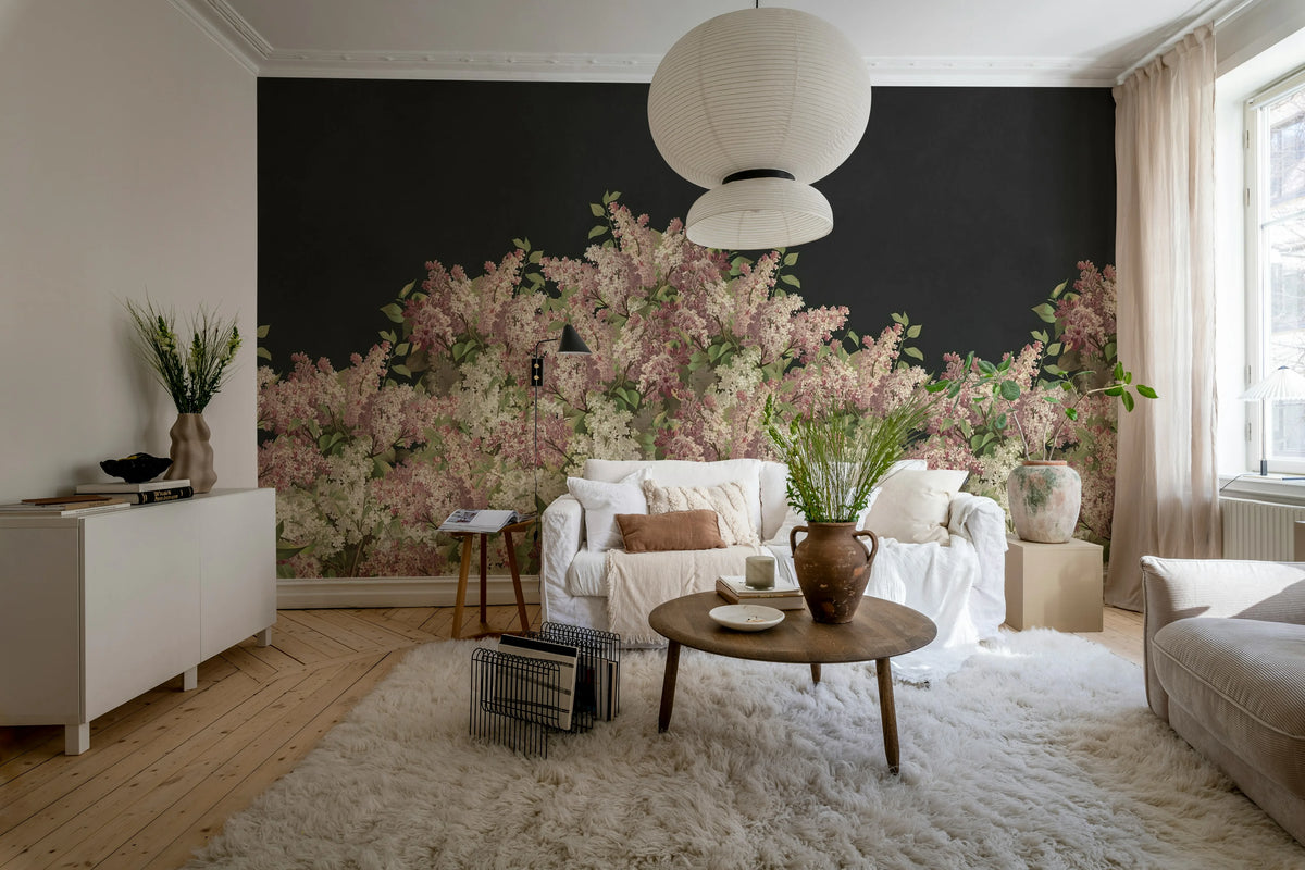 Syringa Flowers, Black Mural Wallpaper - room preview 02