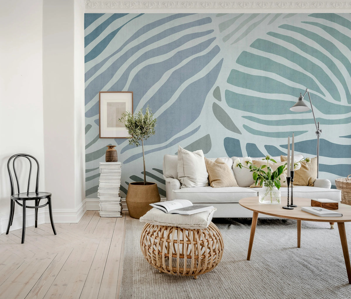 Graphic Leafs, Blue Mural Wallpaper - room preview 02