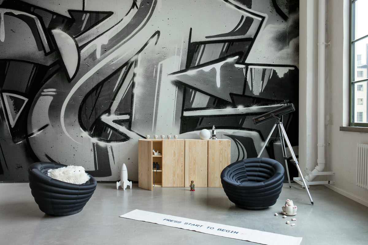 Graffiti Wall, Black & White Mural Wallpaper - room preview 02
