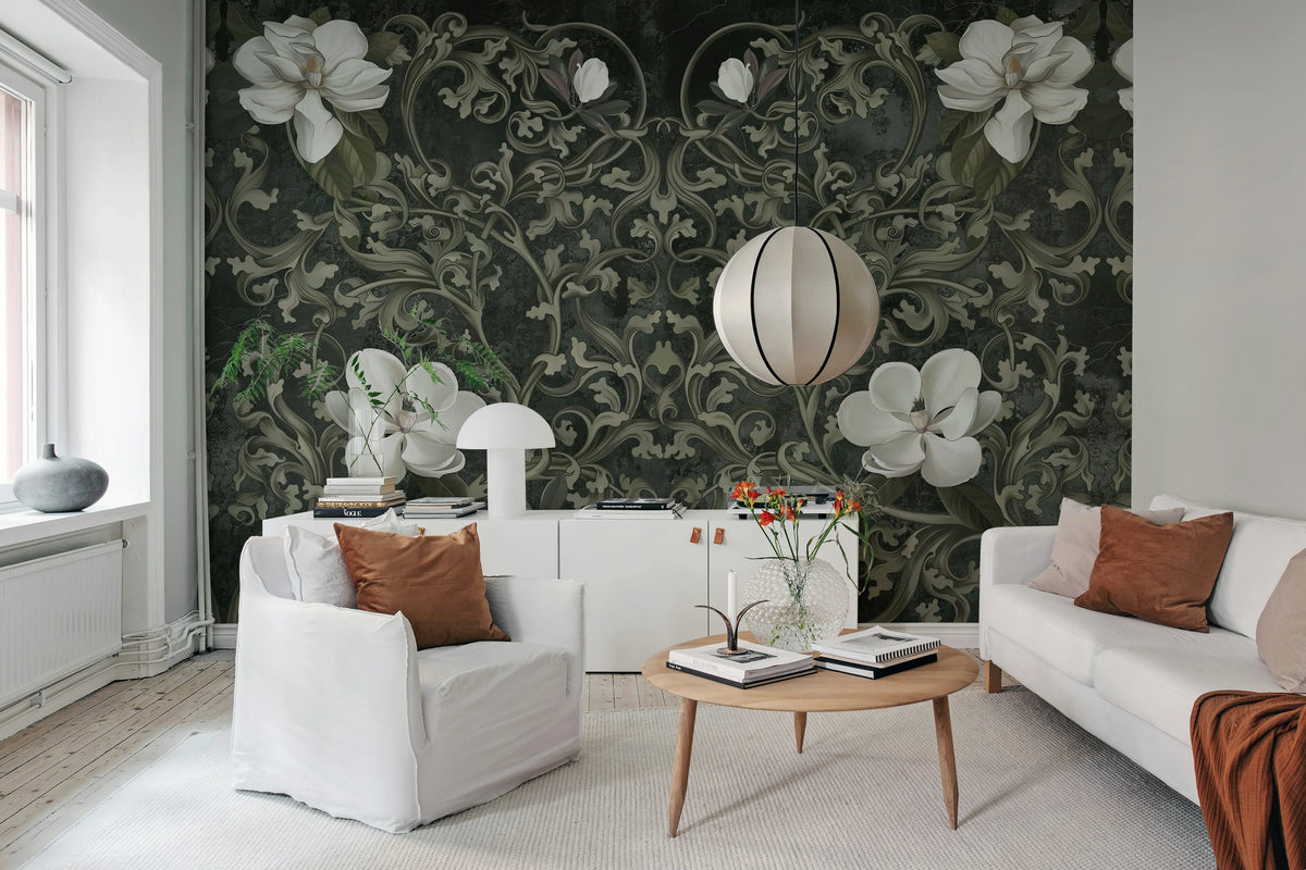 Fabulous Flowers, Gray Mural Wallpaper - room preview 02