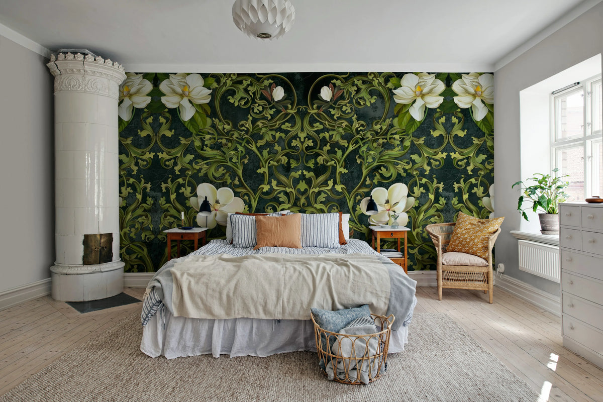 Fabulous Flowers, Green Mural Wallpaper - room preview 02