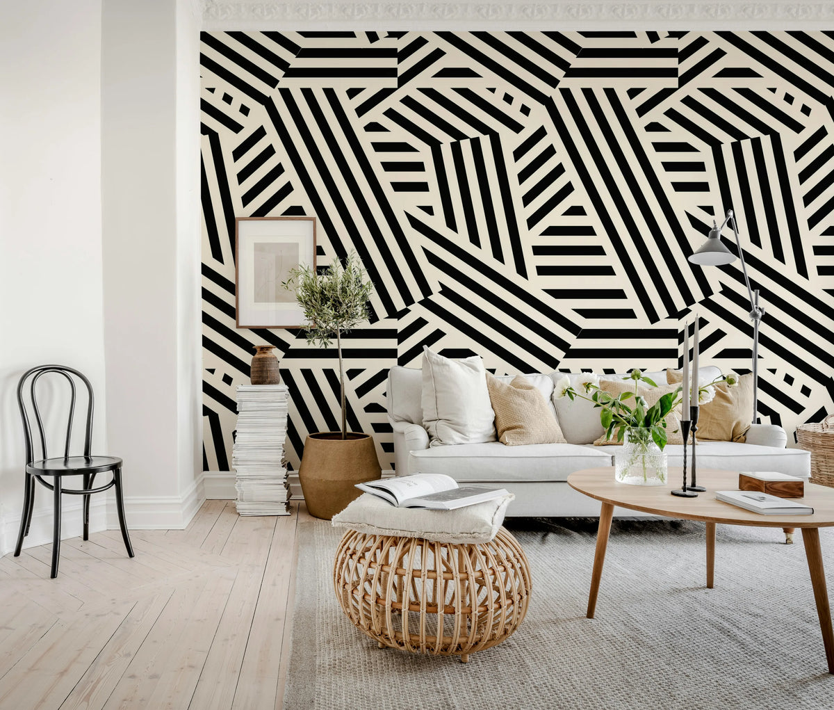 Abstract Stripes, Liquorice & Cream Mural Wallpaper - room preview 02