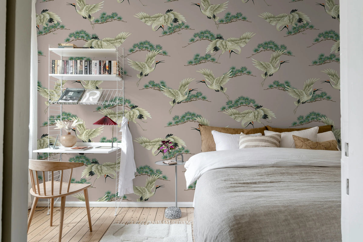 Flying Cranes, Pink Mural Wallpaper - room preview 02