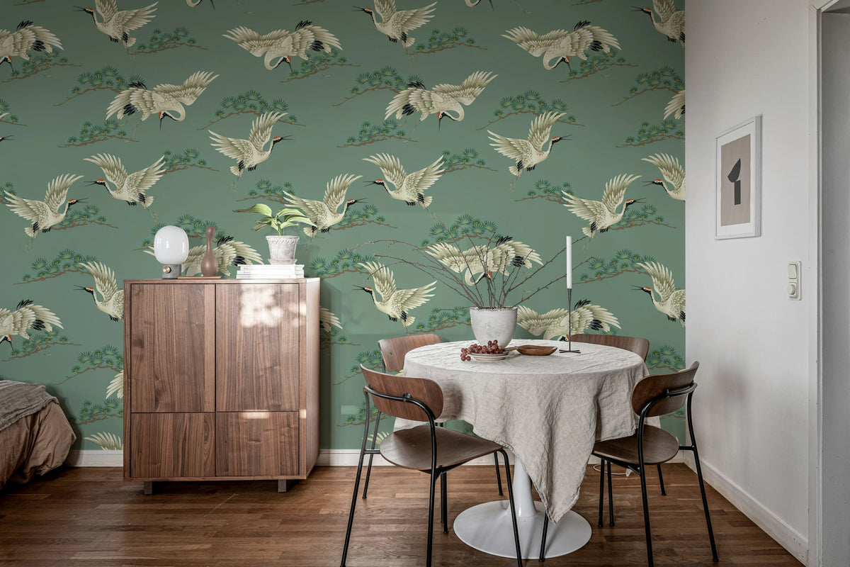 Flying Cranes, Green Mural Wallpaper - room preview 02