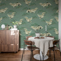 Flying Cranes, Green Mural Wallpaper - room preview 02