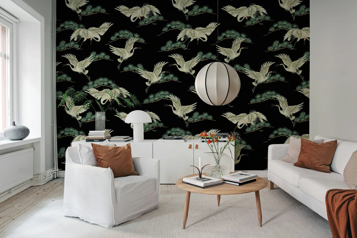 Flying Cranes, Black Mural Wallpaper - room preview 02