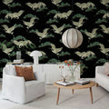 Flying Cranes, Black Mural Wallpaper - room preview 02