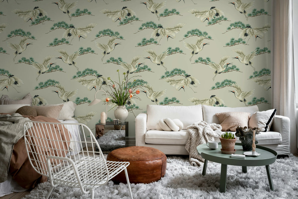 Flying Cranes, Beige Mural Wallpaper - room preview 02