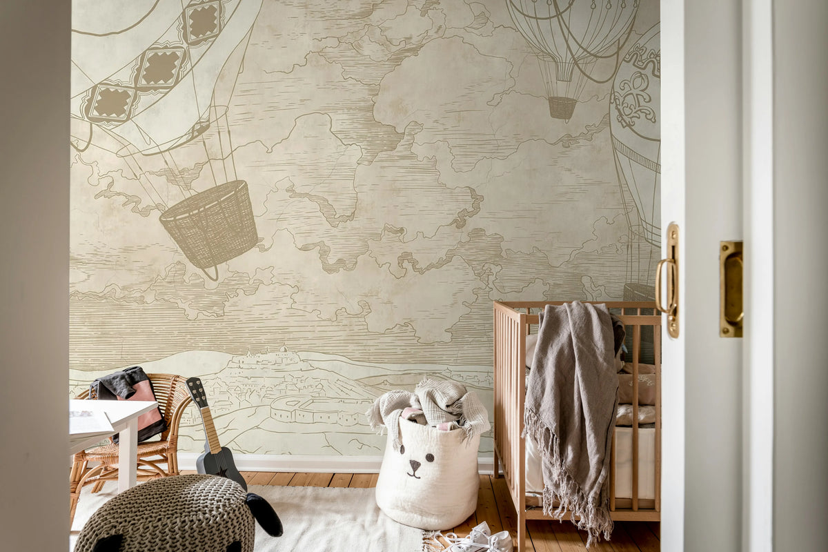 Balloon Travelers, Beige Mural Wallpaper - room preview 02