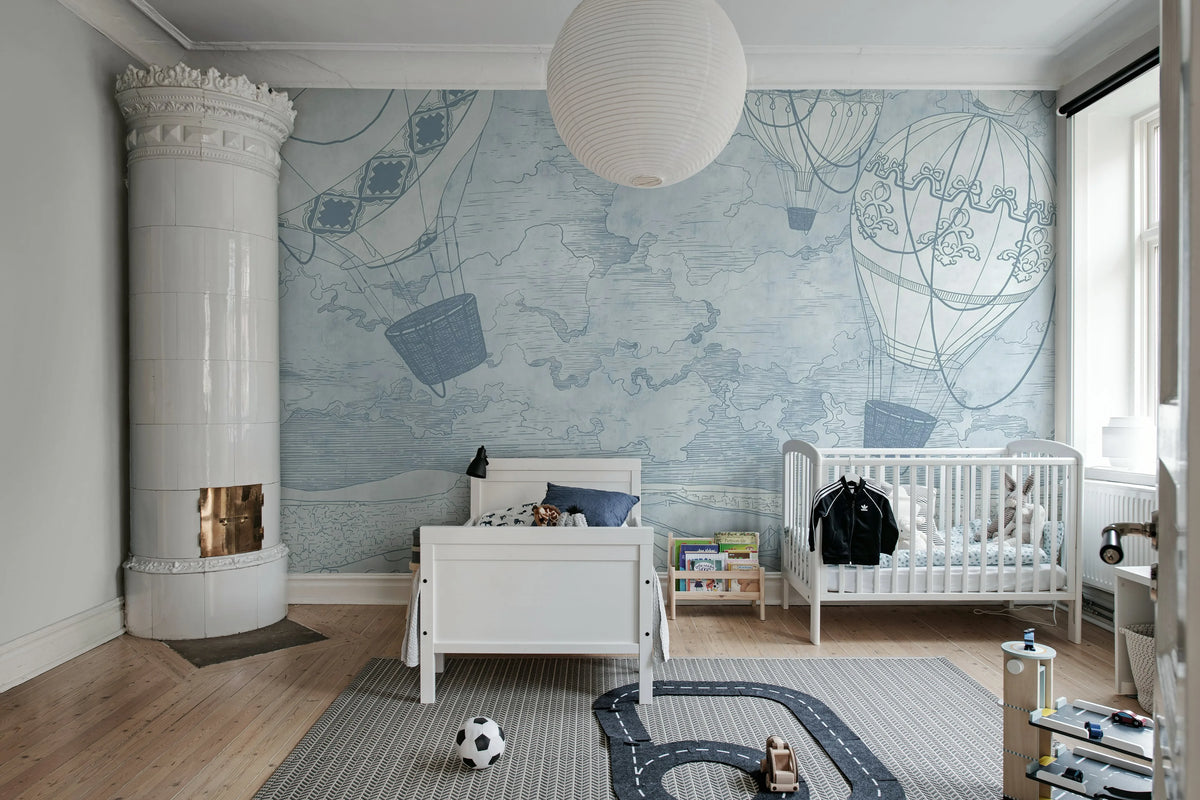 Balloon Travelers, Blue Mural Wallpaper - room preview 02