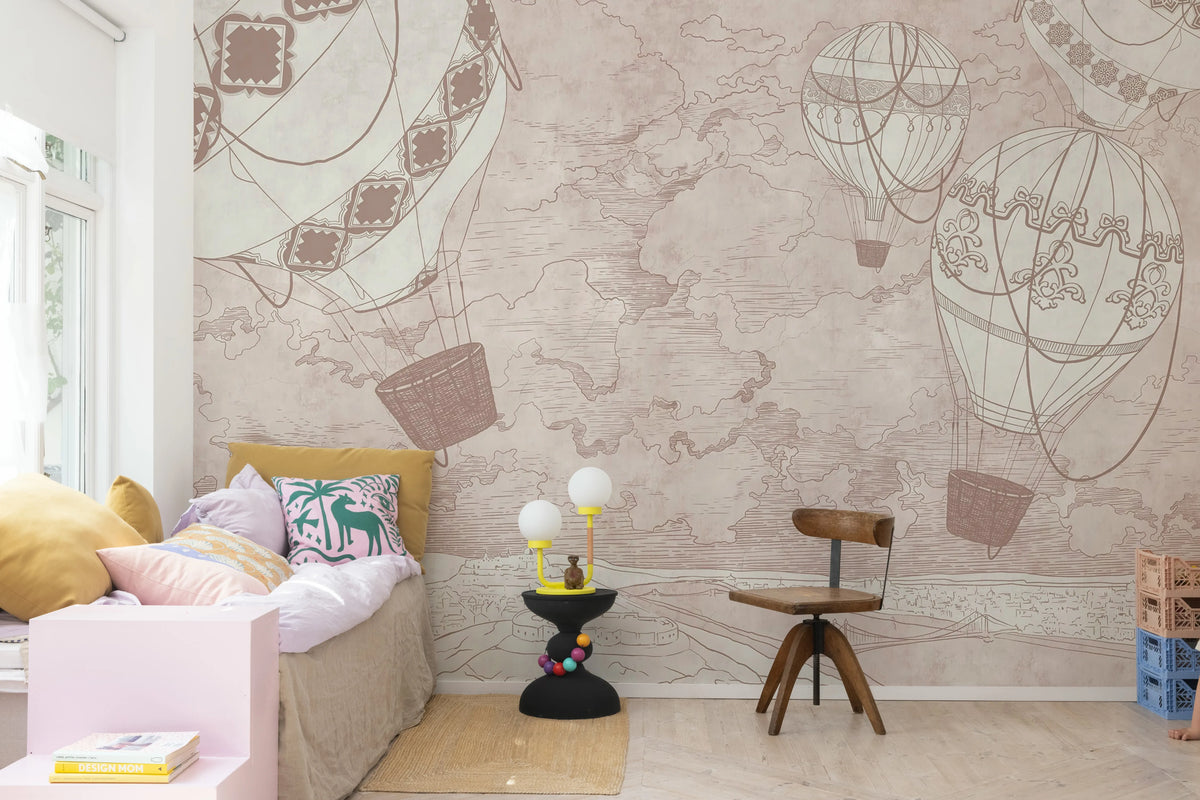 Balloon Travelers, Pink Mural Wallpaper - room preview 02