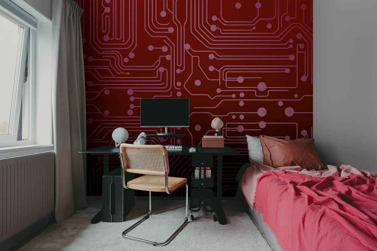 Circuit Board, Red Mural Wallpaper - room preview 02
