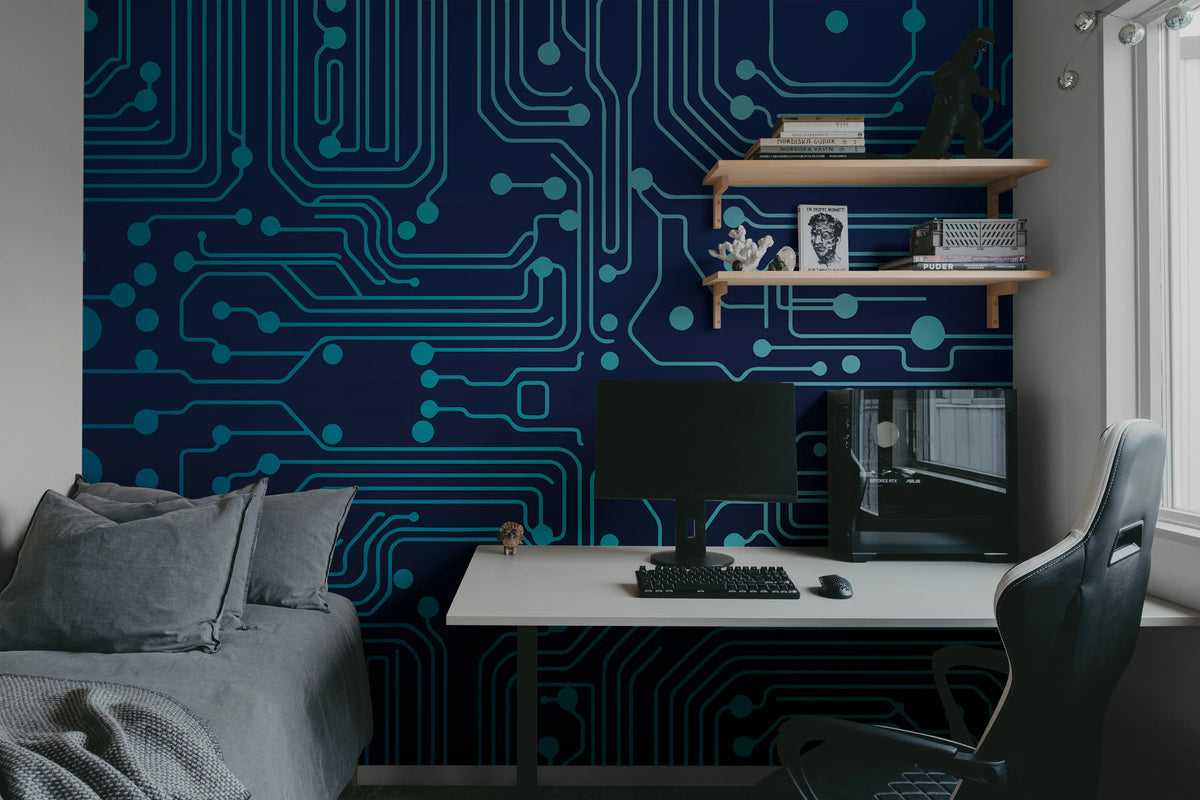 Circuit Board, Blue Mural Wallpaper - room preview 02