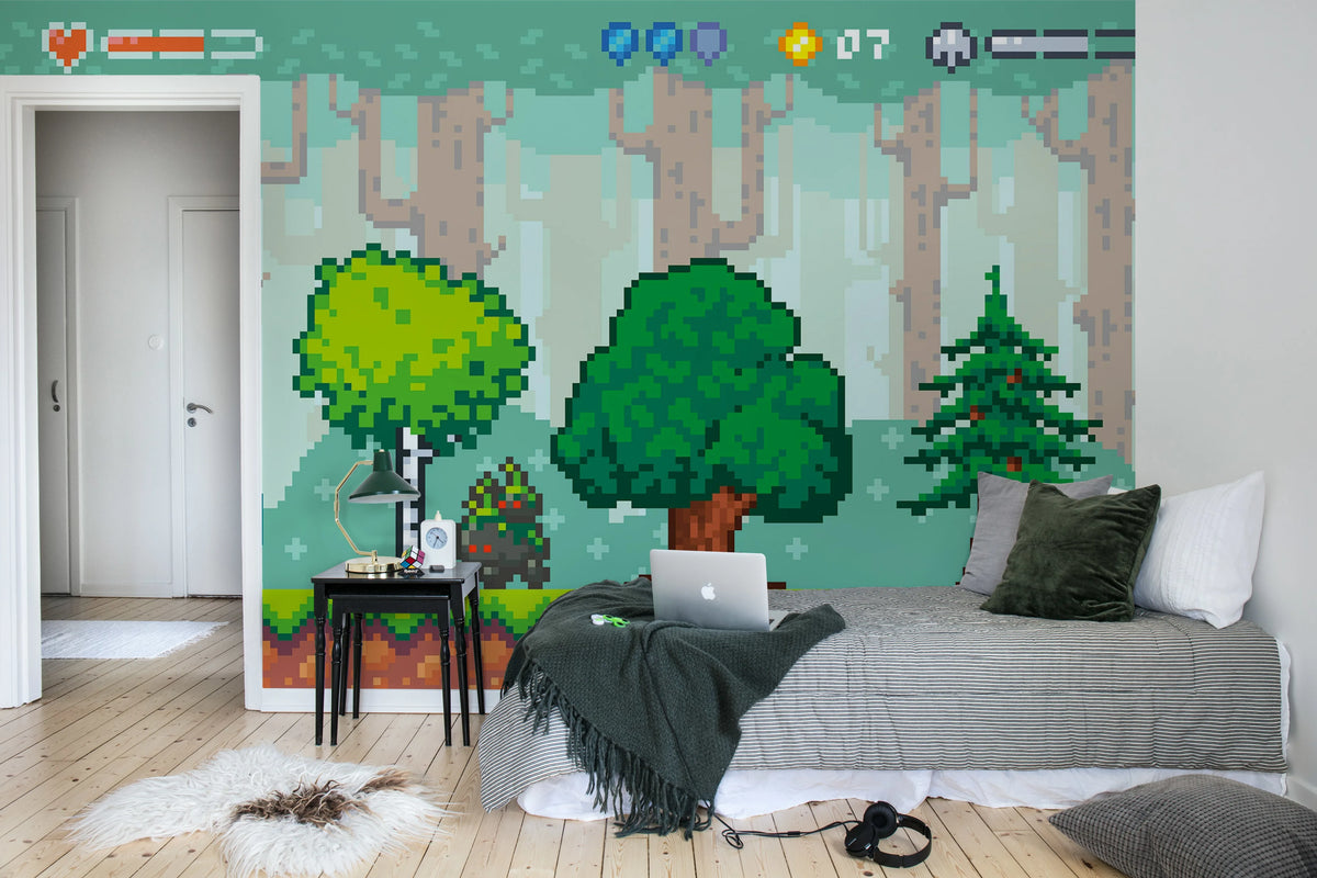 Pixel World, Green Mural Wallpaper - room preview 02