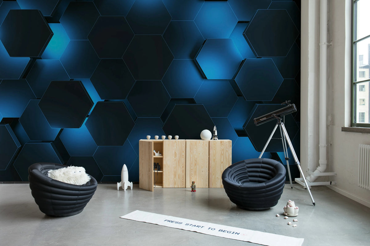 Hexagon, Blue Mural Wallpaper - room preview 02