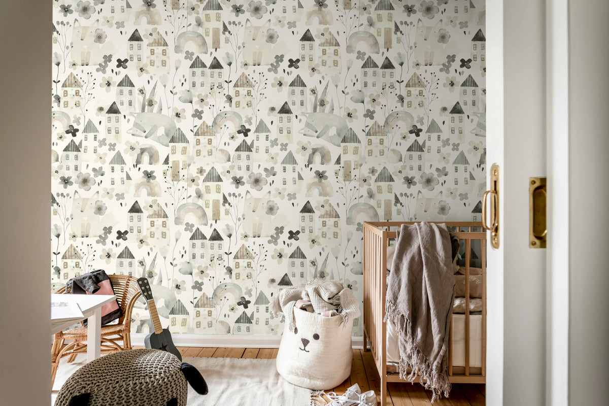 Fox Village, Gray Mural Wallpaper - room preview 02