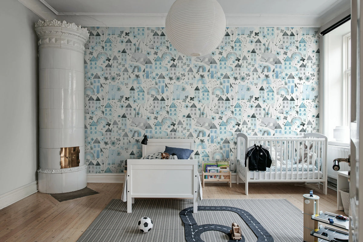 Fox Village, Blue Mural Wallpaper - room preview 02