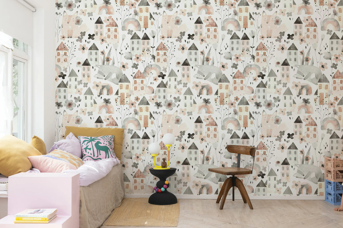 Fox Village, Pink Mural Wallpaper - room preview 02