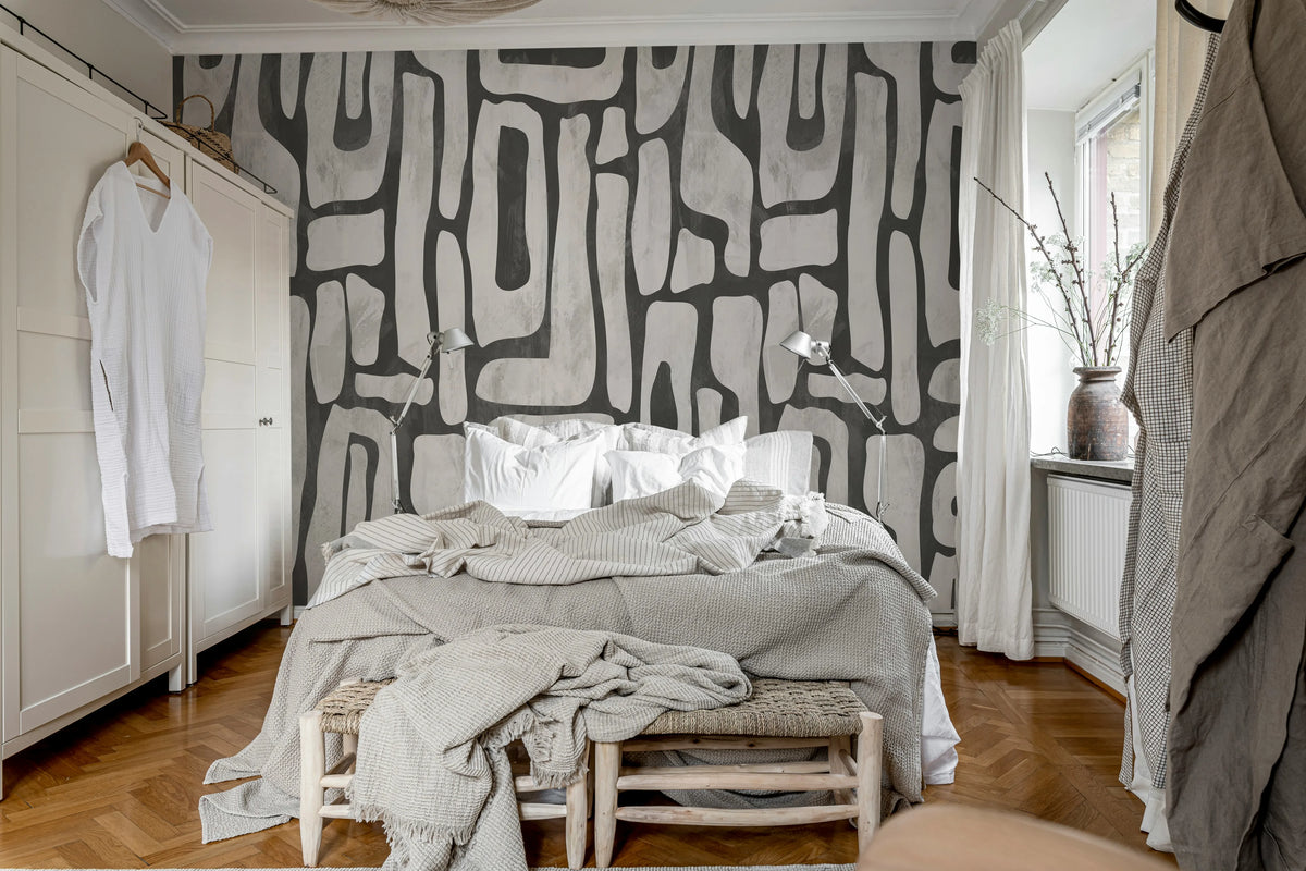 Aesthetic Shapes, Gray Mural Wallpaper - room preview 02