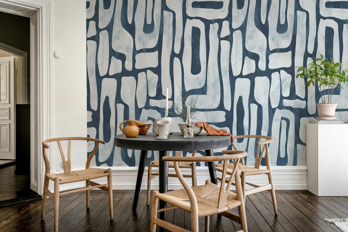Aesthetic Shapes, Blue Mural Wallpaper - room preview 02
