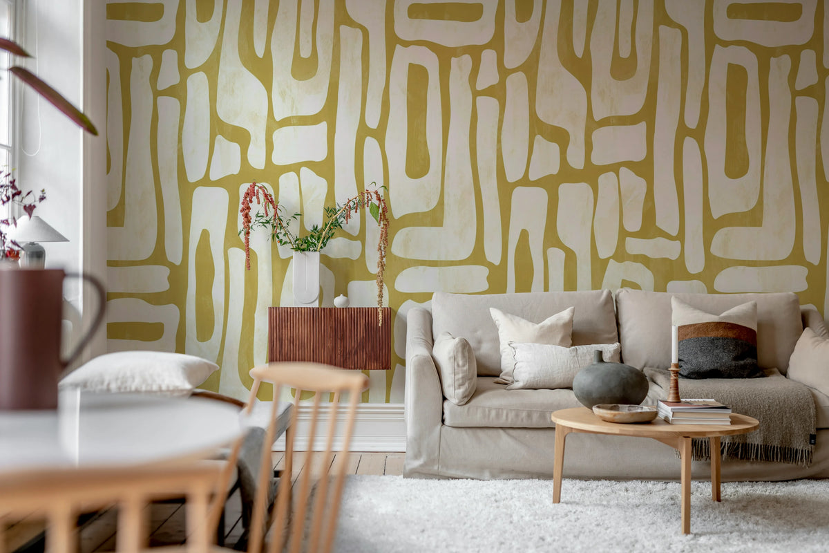 Aesthetic Shapes, Yellow Mural Wallpaper - room preview 02