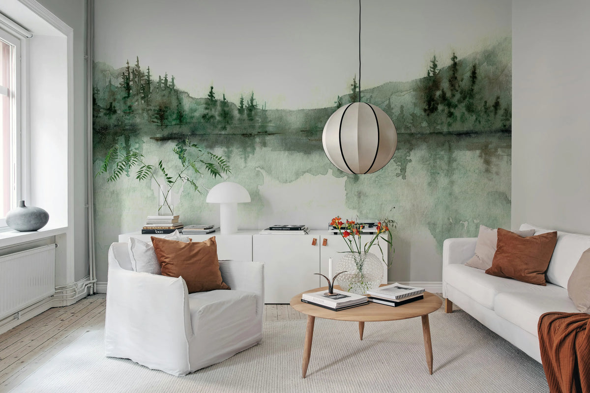 Watercolor Landscape, Forest Green Mural Wallpaper - room preview 02
