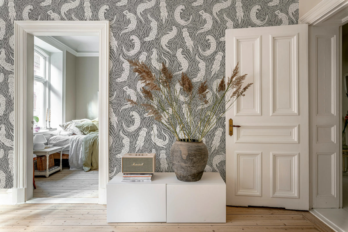 Cute Otters, Gray Mural Wallpaper - room preview 02