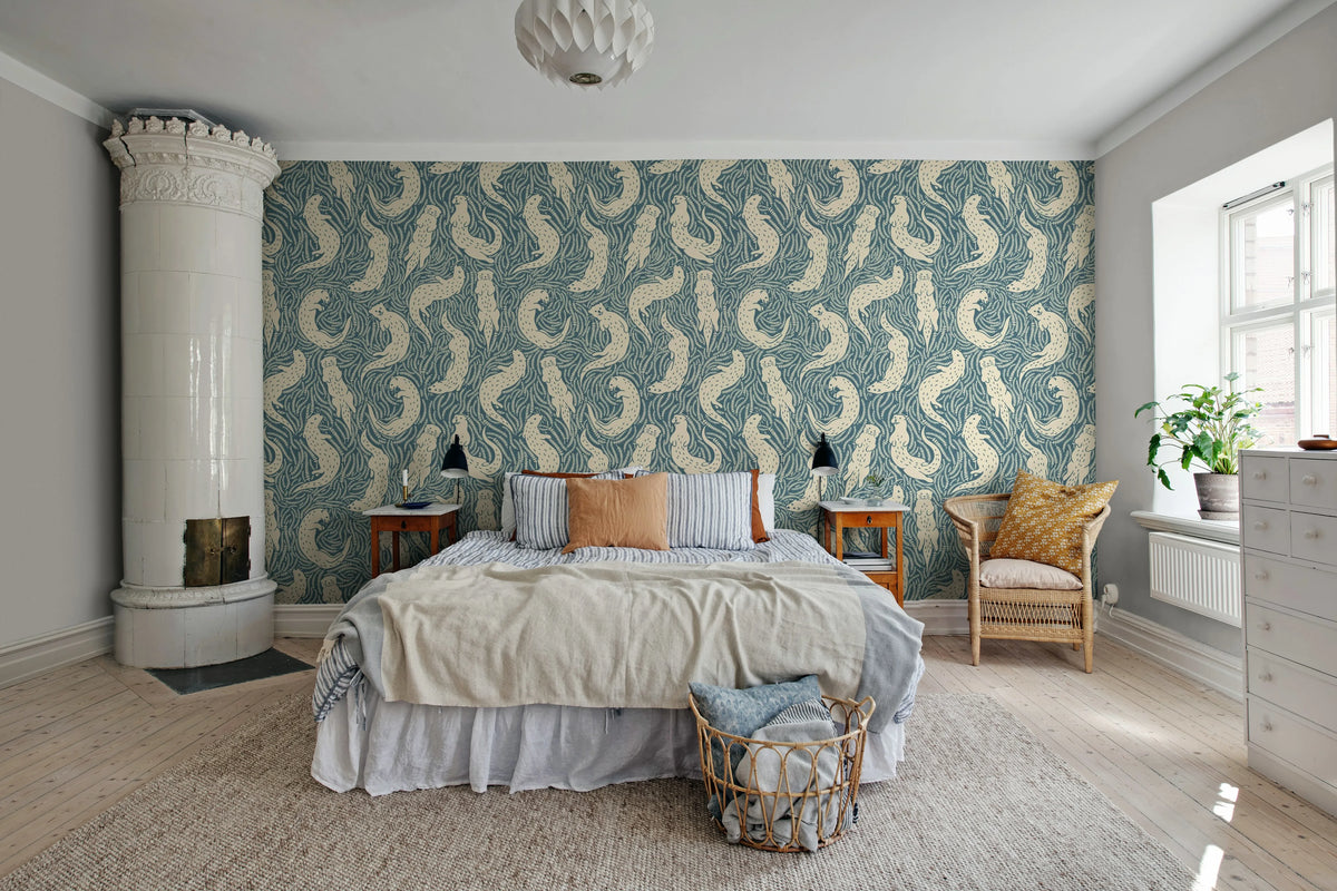 Cute Otters, Blue Mural Wallpaper - room preview 02