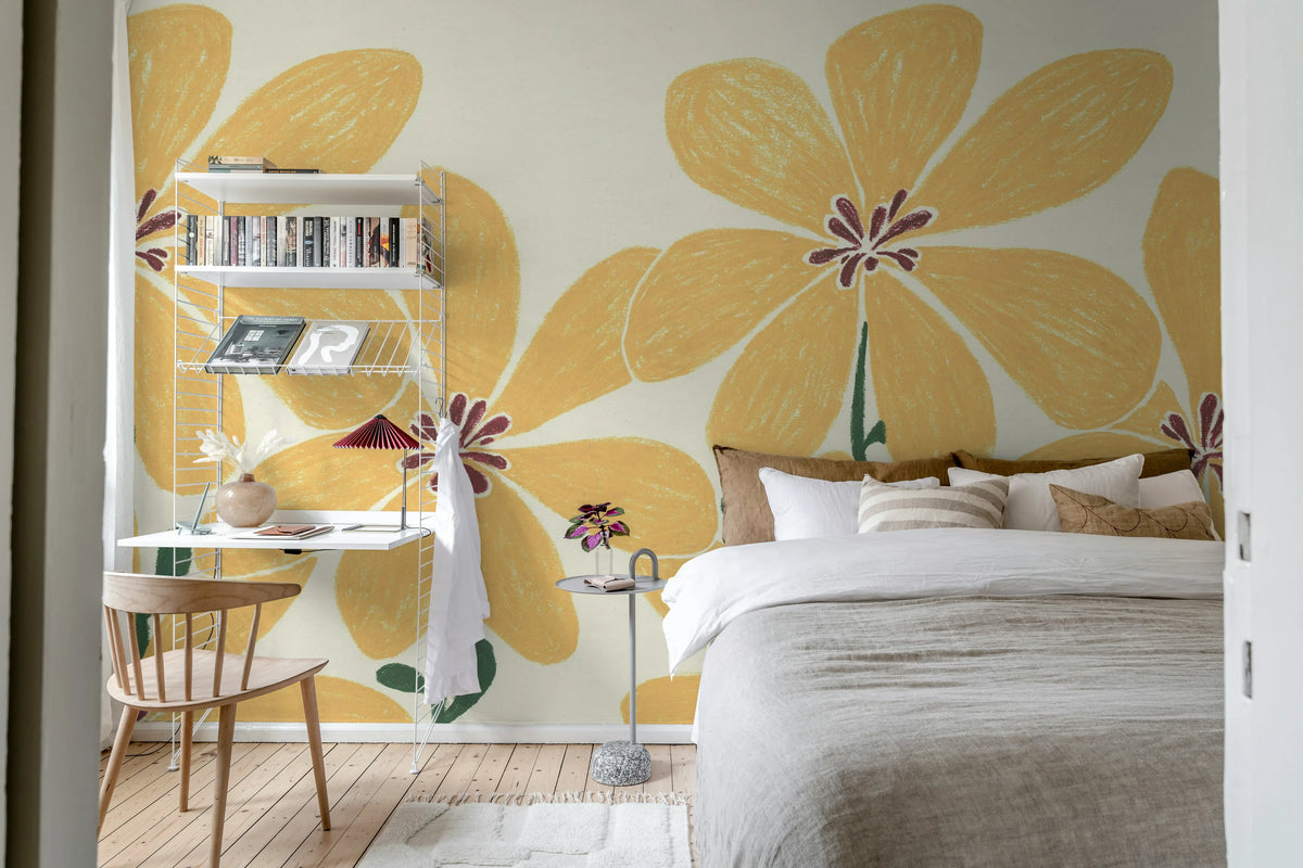 Sketched Flower, Yellow Mural Wallpaper - room preview 02