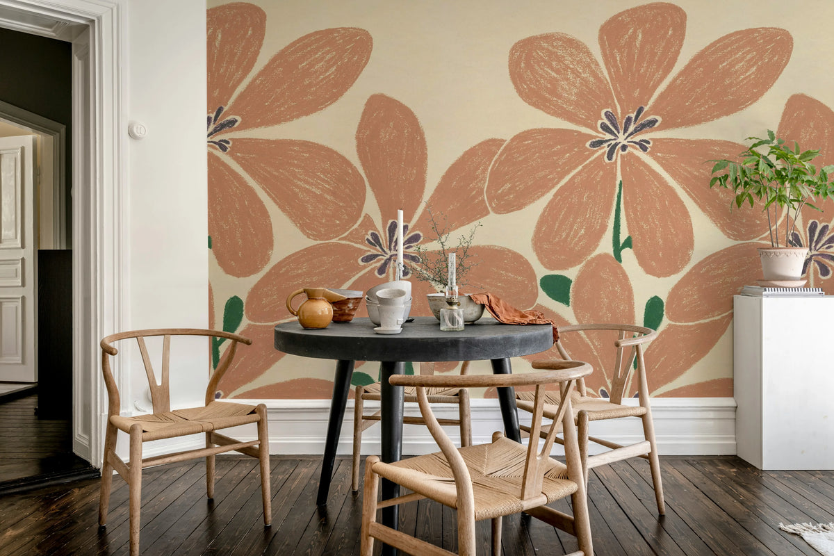 Sketched Flower, Red Mural Wallpaper - room preview 02