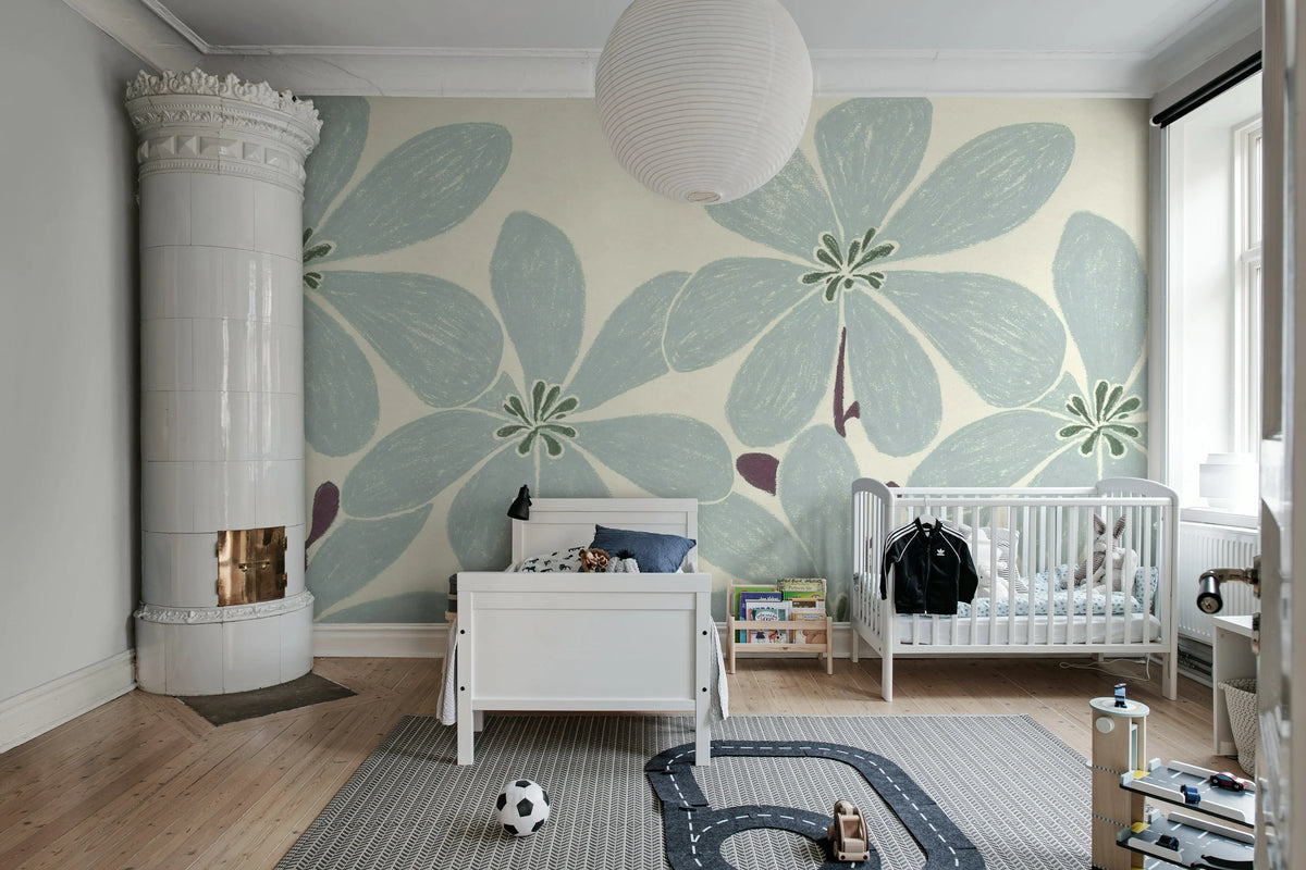 Sketched Flower, Blue Mural Wallpaper - room preview 02