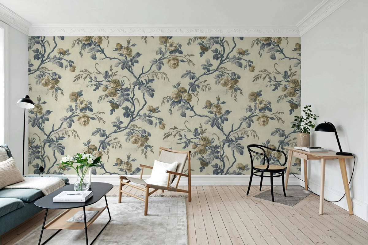 Rose Garland, Blue Mural Wallpaper - room preview 02