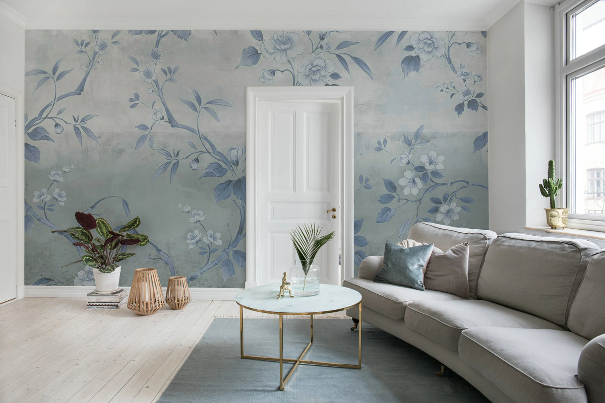 Concrete Flowers, Blue Mural Wallpaper - room preview 02