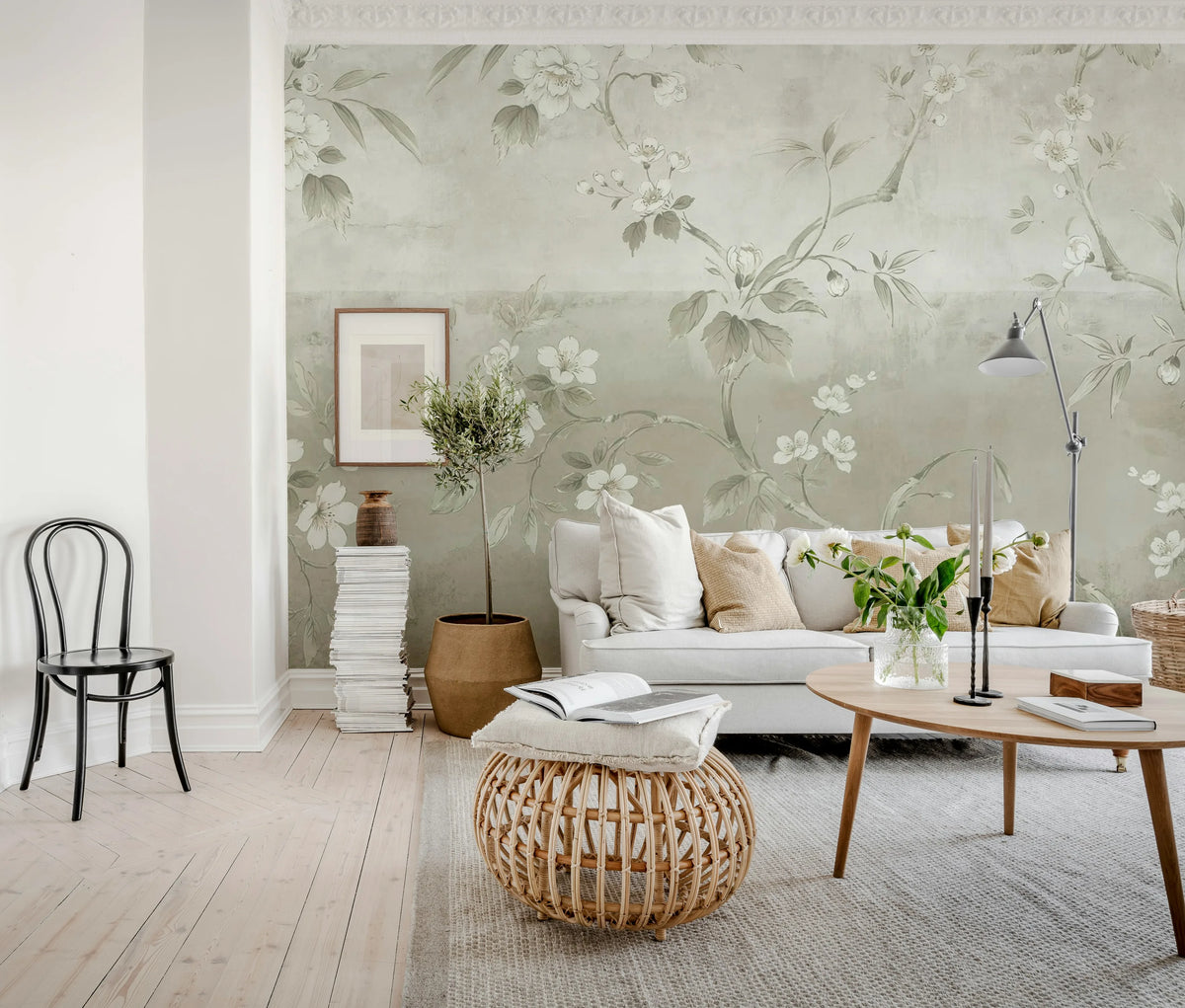 Concrete Flowers, Beige Mural Wallpaper - room preview 02