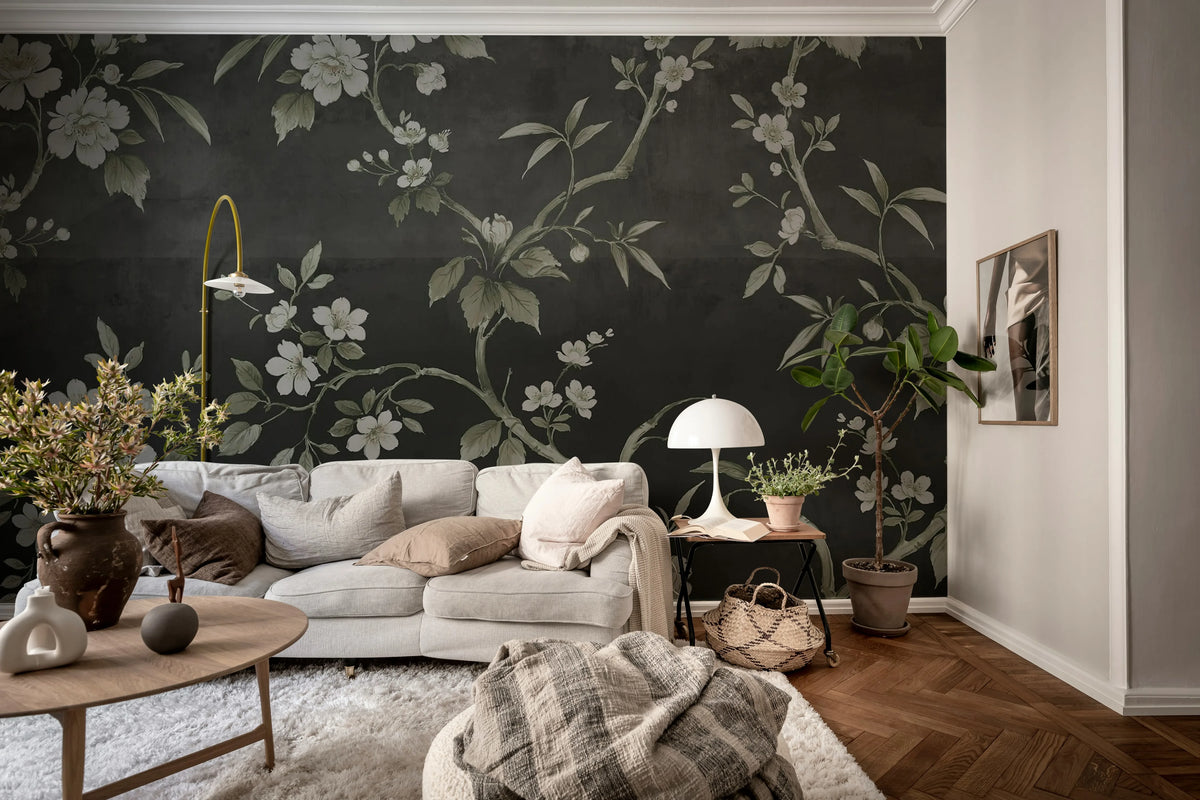 Concrete Flowers, Black Mural Wallpaper - room preview 02