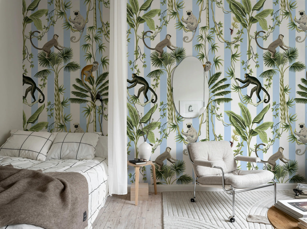 Monkey Stripes, Blue Mural Wallpaper - room preview 02