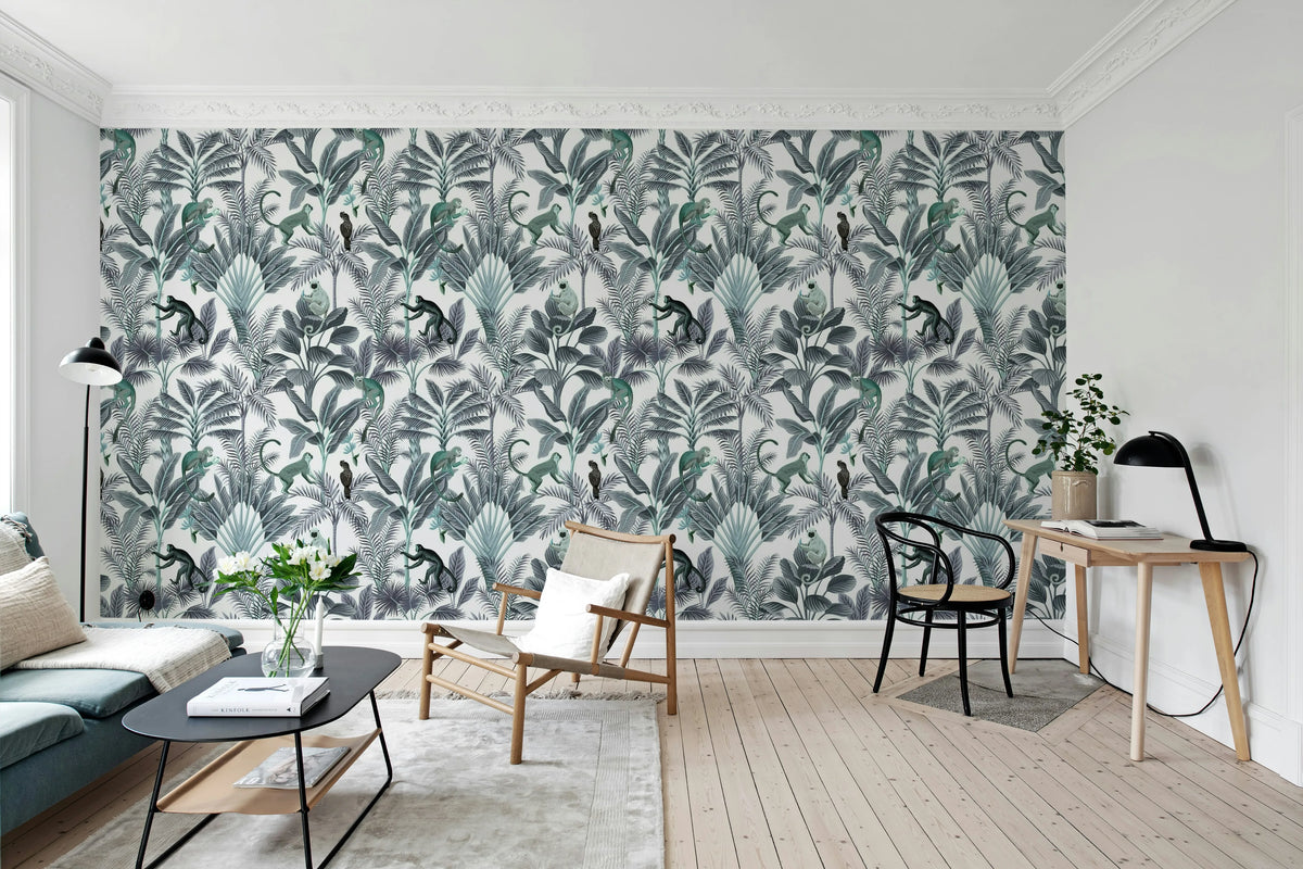 Tropical Monkeys, Blue Mural Wallpaper - room preview 02
