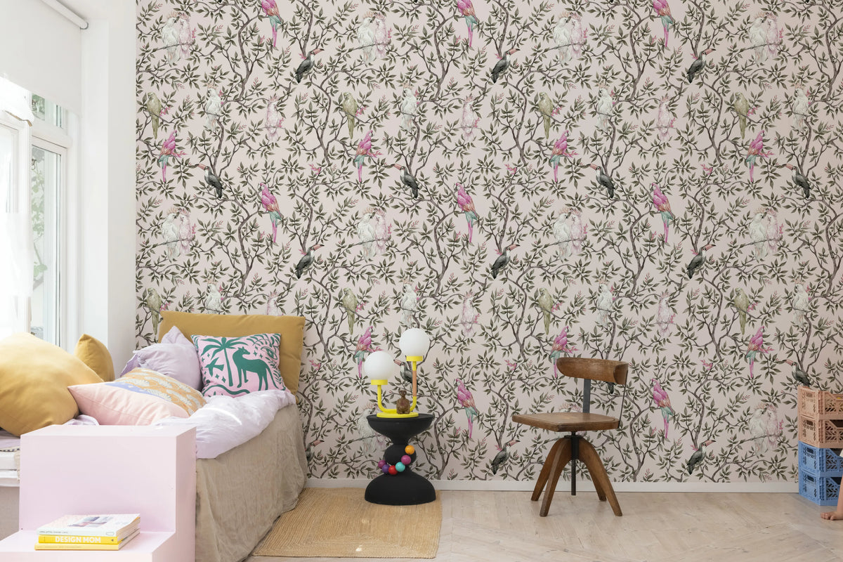 Parrot Shrubbery, Pink Mural Wallpaper - room preview 02