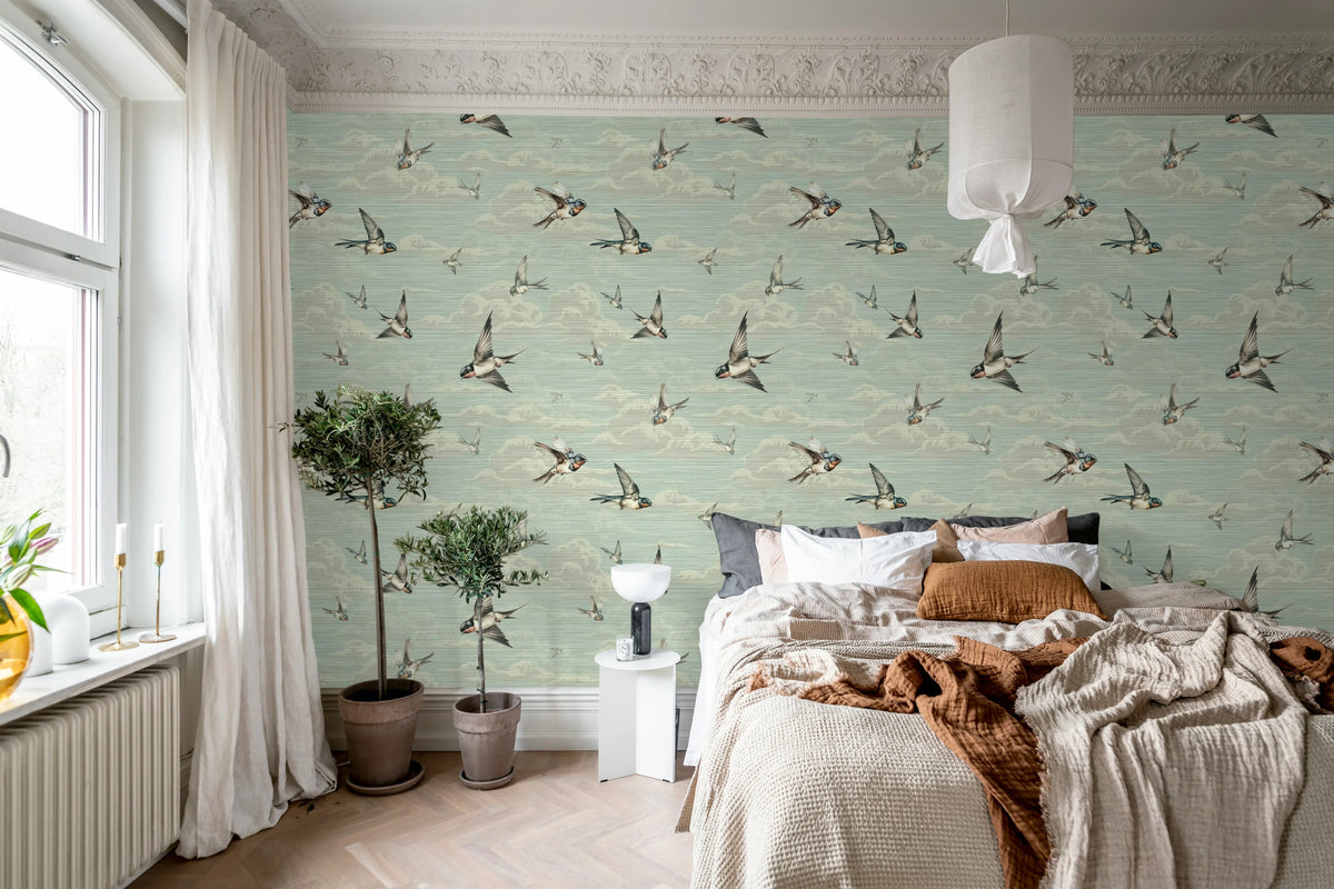 Swallow Sky, Vintage Blue Mural Wallpaper - room preview 02