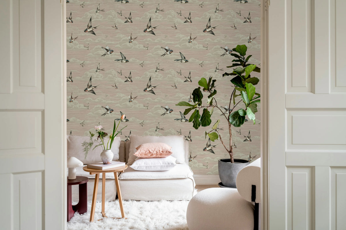Swallow Sky, Dusty Pink Mural Wallpaper - room preview 02
