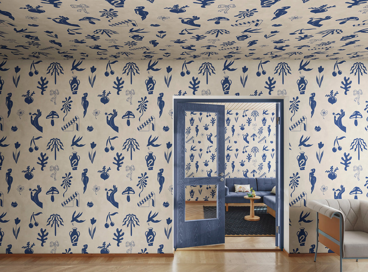Symbolic Tales, Blue Mural Wallpaper - room preview 02