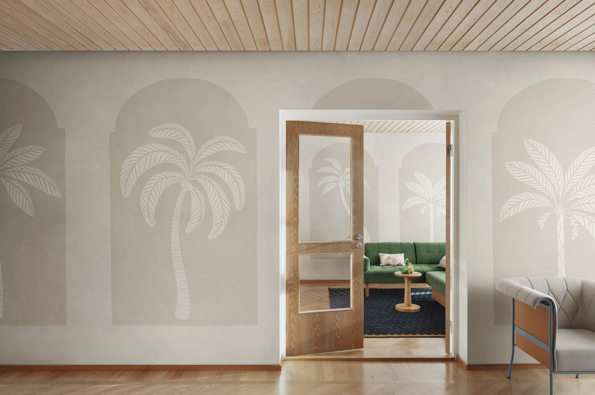Palm Arches, Beige Mural Wallpaper - room preview 02